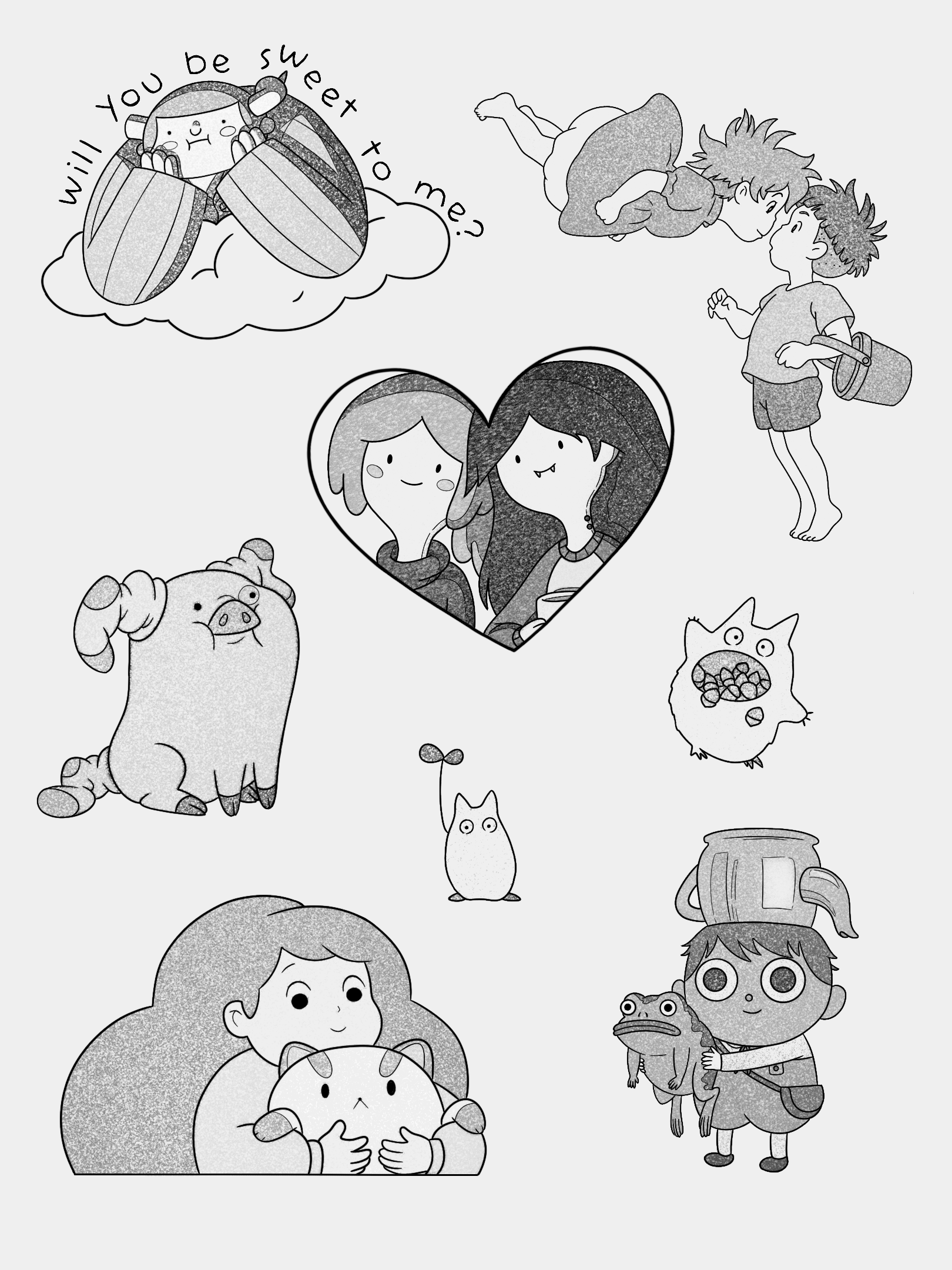 [Cartoons]
Sweet P - available $130 |
Ponyo + Sasuke - claimed |
Bonnie + Marcy - available $140 |
Waddles - claimed |
Totoros - both claimed |
Bee + Puppycat - available $120 |
Greg + Jason Funderberker - available $130
