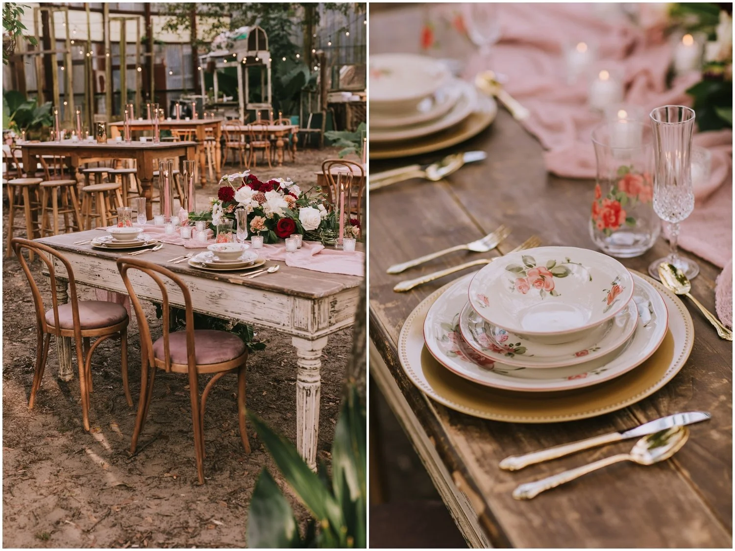 Wedding reception tables in the Music Box Village are lined with flowers, pink candles, and pink table runners with floral china table settings.