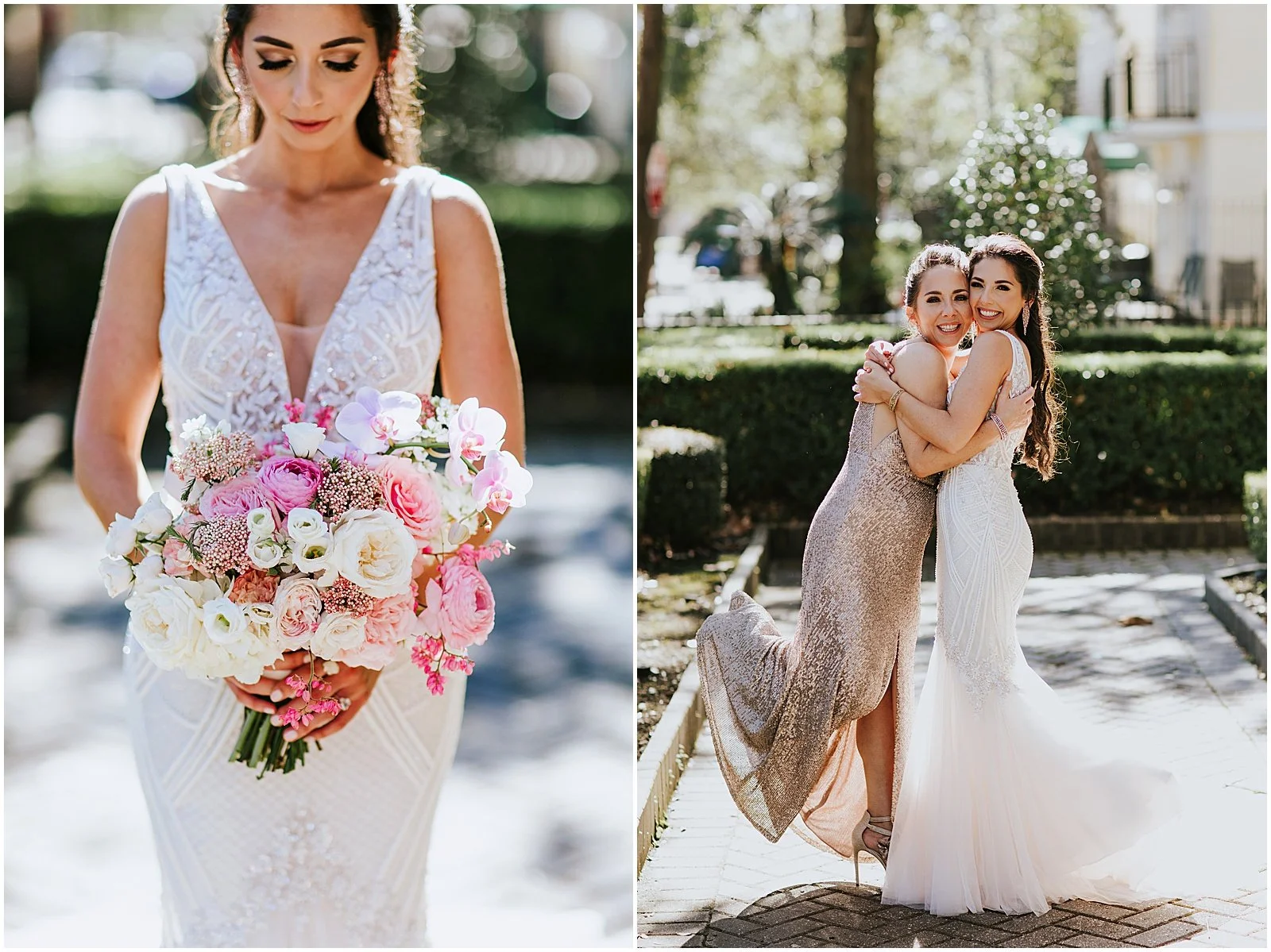 A bride and her sister embrace on a walkway outside Elms Mansion.