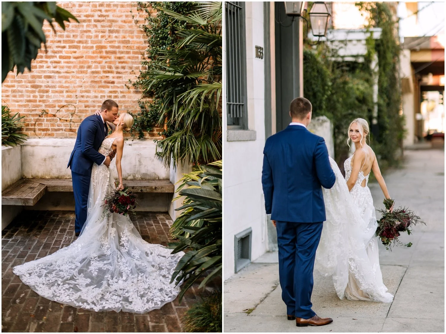 A groom dips a bride in a kiss in the courtyard of Margaret Place New Orleans.