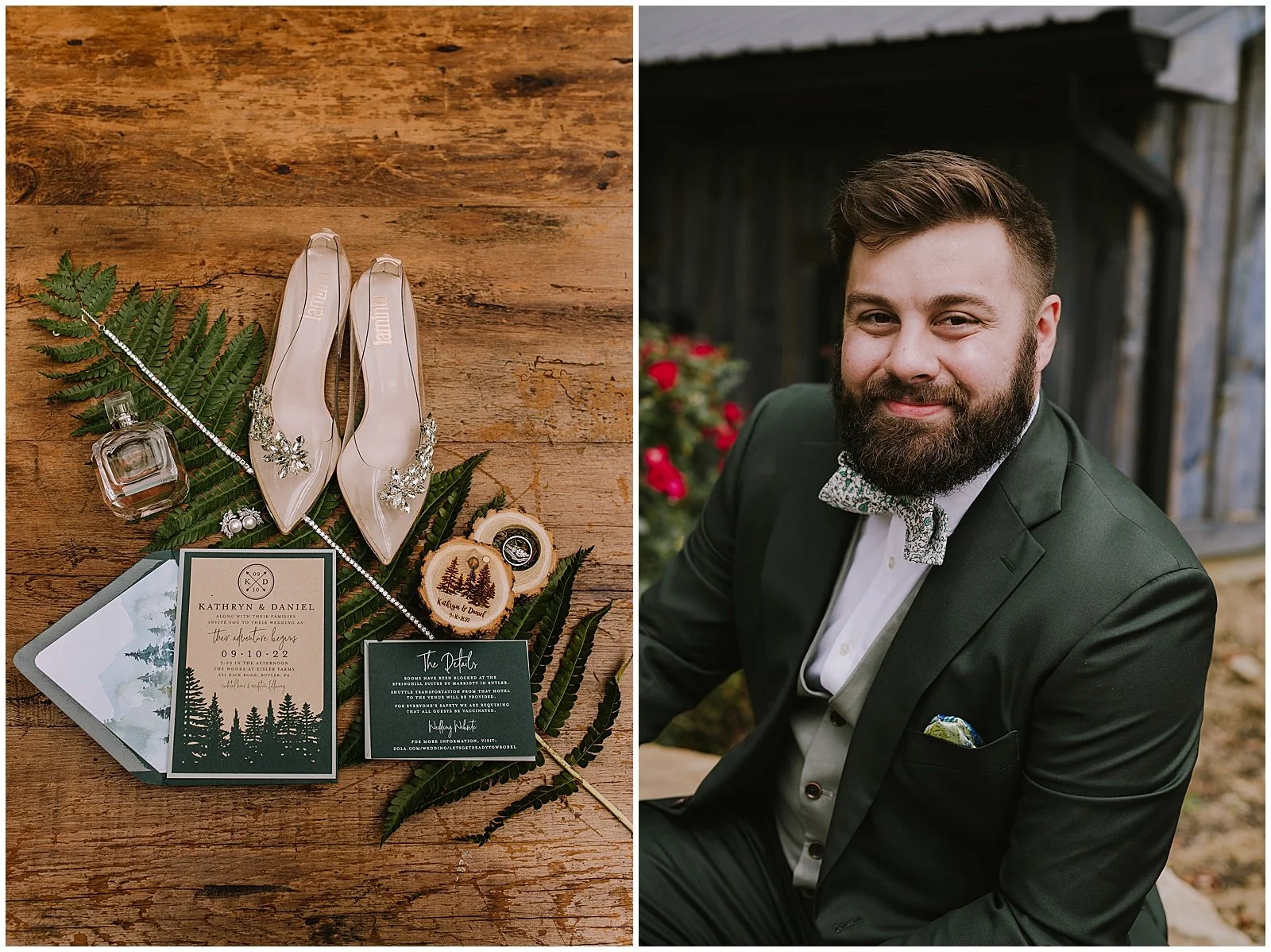 Wedding details including shoes and invitations sit on a fern frond.