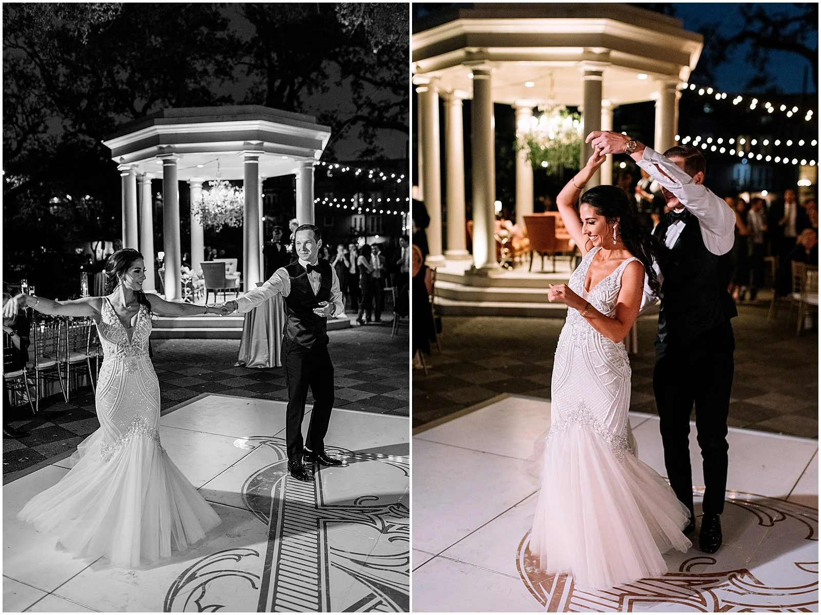 A groom twirls a bride during their first dance at Elms Mansion.