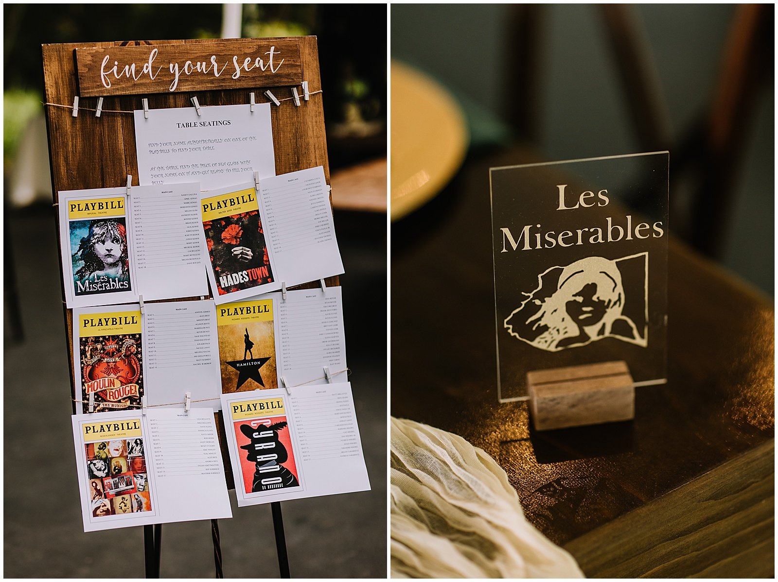 A board displays playbills that tell people where to sit at the wedding reception.