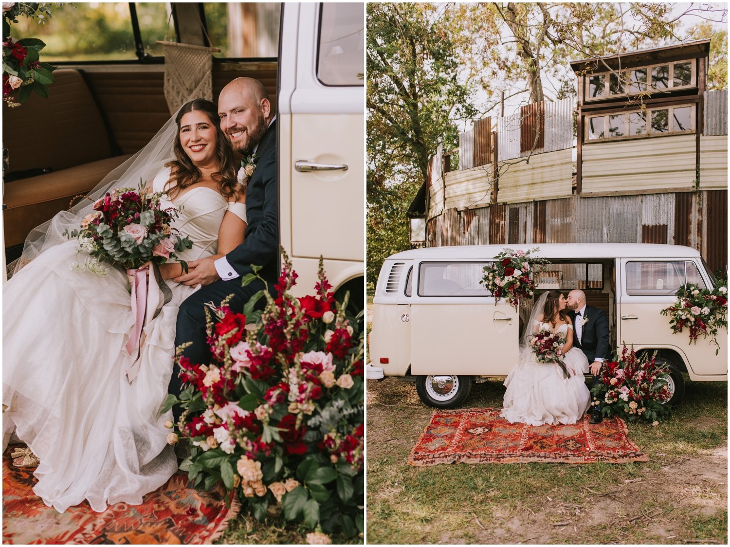 A bride and groom pose in a vintage car covered in flowers in the Music Box Village.