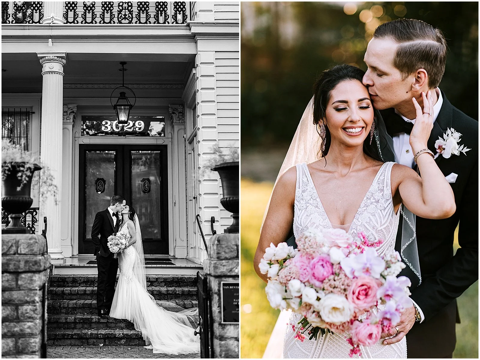 A groom stands behind a bride and kisses her on the cheek in front of Elms Mansion.