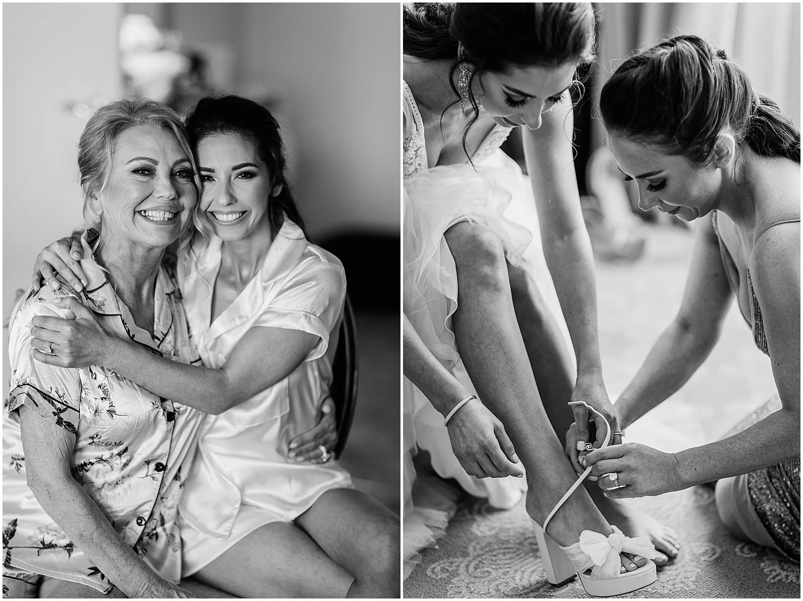 A bride's sister helps her fasten her wedding shoes and talks quietly.