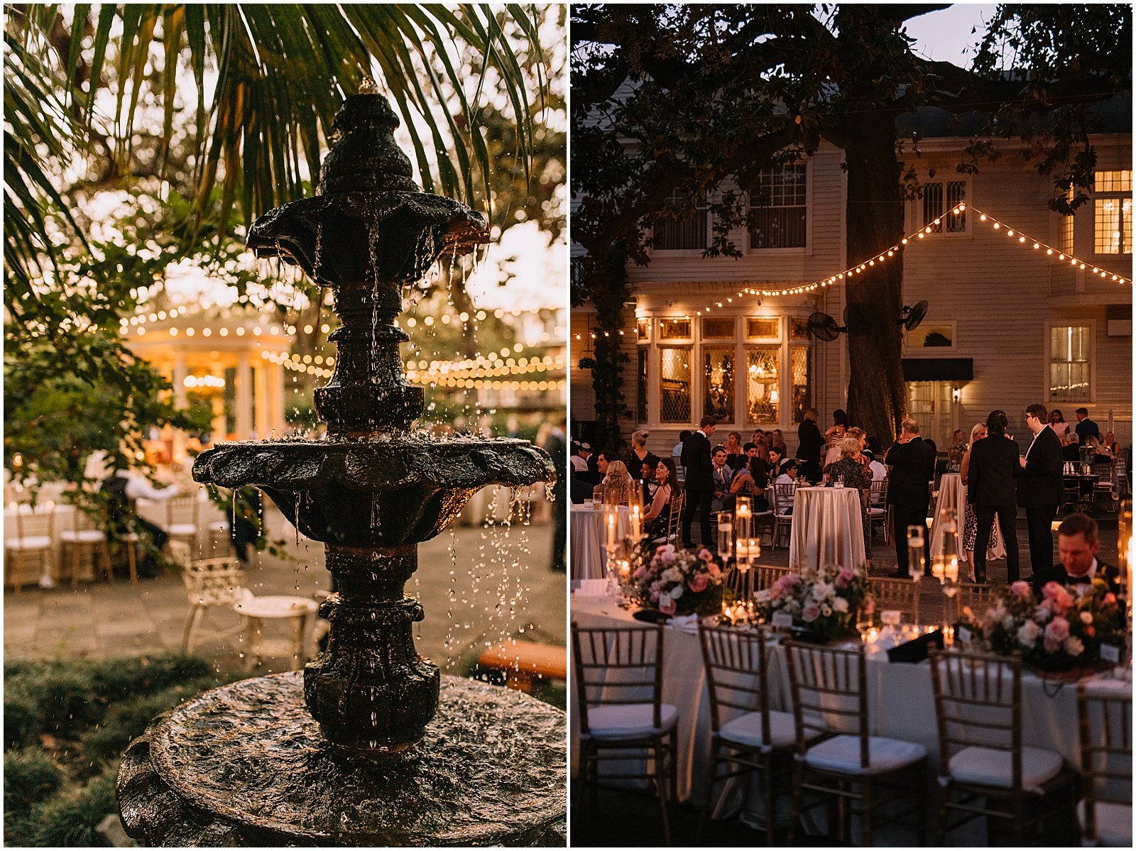 Guests gather in a candlelit courtyard for a spring wedding in New Orleans.