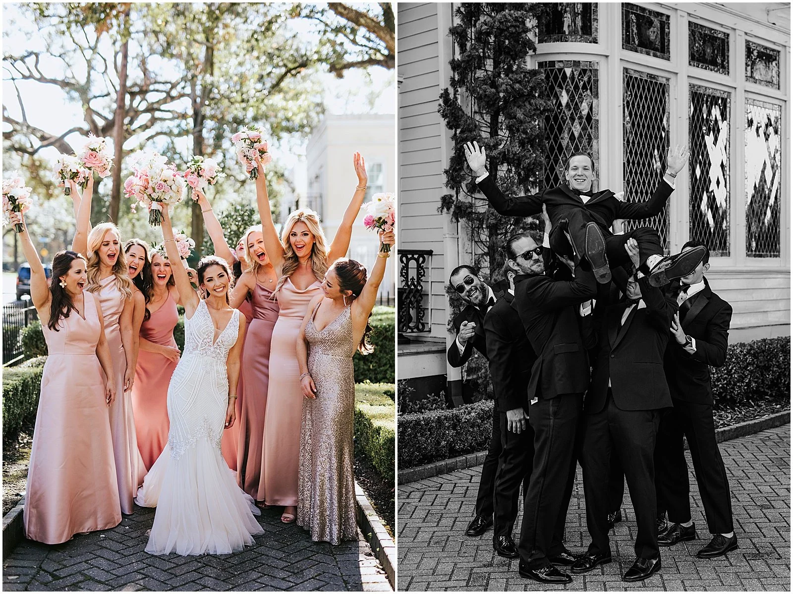 A bride and groom pose for joyful photos with their wedding parties outside of Elms Mansion in the Garden District.