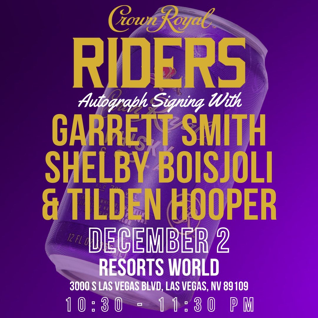 Catch all three of our NFR Qualifiers at Resorts World ✨TONIGHT✨ from 10:30PM-11:30PM!!!
📍Resorts World
3000 S Las Vegas Blvd.

 #ridelikeroyalty #crownroyalriders #drinkresponsibly #crownroyal #wranglernfr #nfr #nationalfinalsrodeo #experiencenf @w