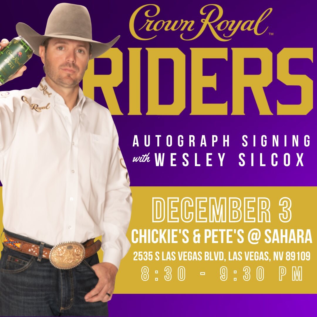 Hangout with Wesley Silcox at Chickie's &amp; Pete's @ Sahara from 8:30PM-9:30PM!!👑 
📍Chickie's &amp; Pete's @ Sahara 
2535 S Las Vegas Blvd.
 #ridelikeroyalty #crownroyalriders #drinkresponsibly #crownroyal #nfr #nfr2022 #2022nfr #westernunlimited