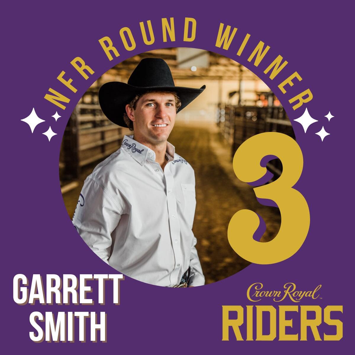 Congratulations to Garret Smith for splitting the win in Round 3 tonight!!! 👑💜 #crownroyal #drinkresponsibly #crownroyalriders #ridelikeroyalty #nfr