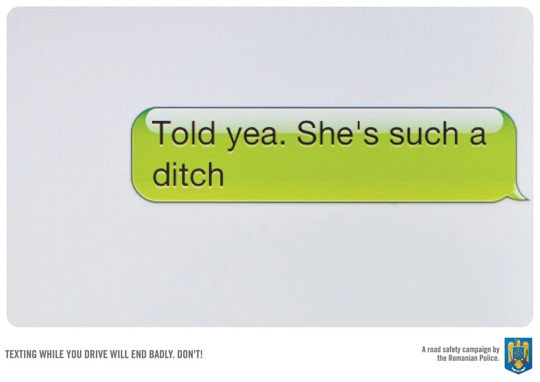 Text message on a white background that says, 'Told yea. She's such a ditch.' in a green speech bubble. Bottom of the image contains a warning, 'TEXTING WHILE YOU DRIVE WILL END BADLY. DON'T!' and a logo of the Romanian Police. It is part of a road s