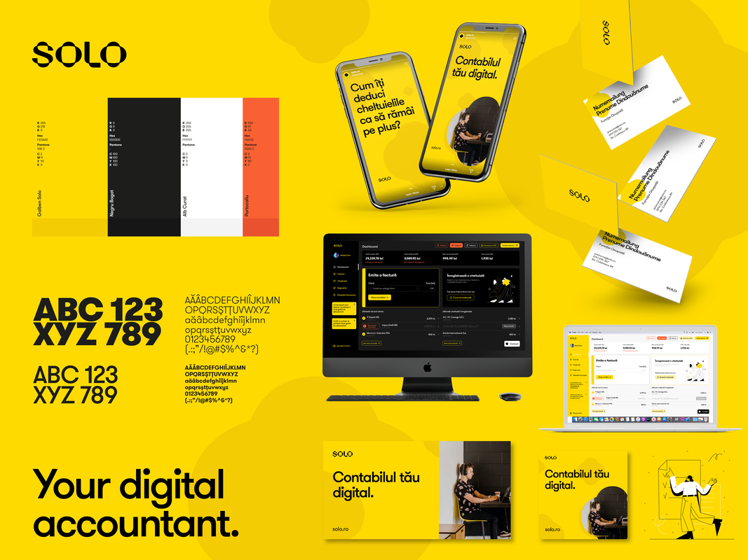 A digital branding layout for a company called Solo, featuring brand colors, fonts, mobile and desktop app interfaces, business cards, and promotional materials, all in yellow, black, white, and red.