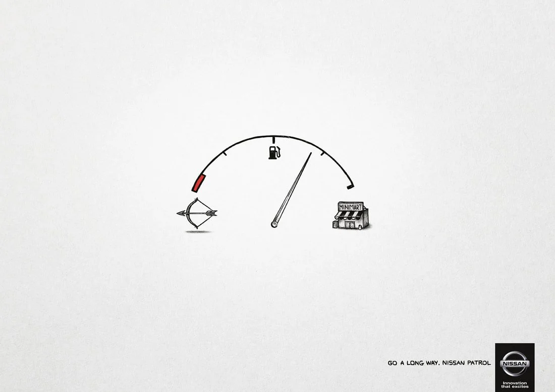 Illustration of a low fuel gauge, pointing towards empty, with a gas pump icon, a bow and arrow, and a minimart shop with a Nissan logo and slogan 'Go a long way. Nissan Patrol.'