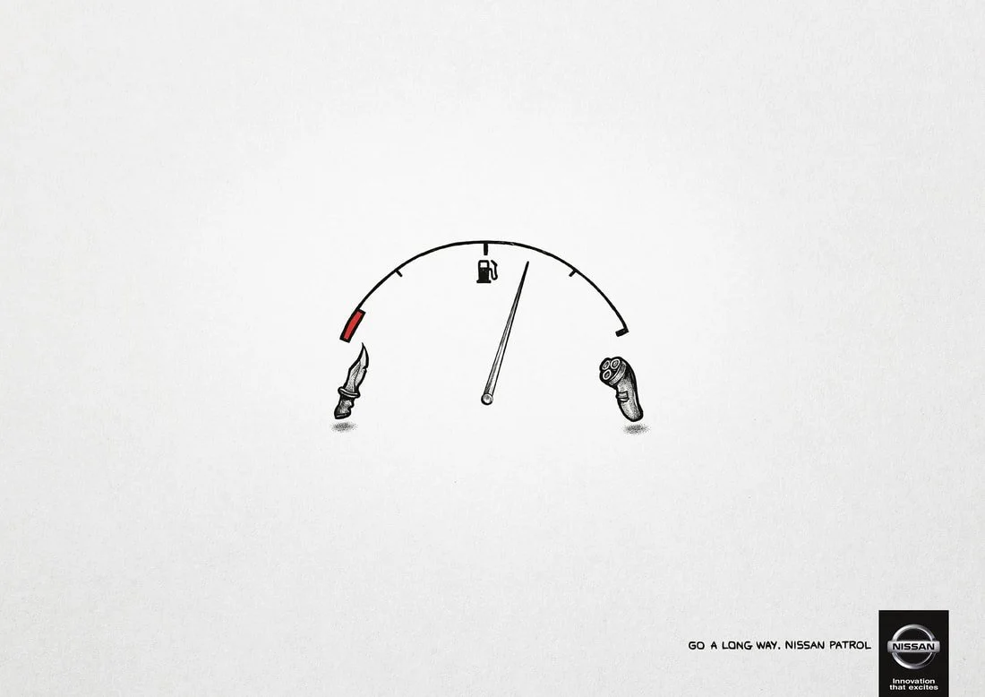 A fuel gauge illustration designed with an oil can on the left and a shaver on the right, showing a high fuel level. The bottom right has a Nissan logo and the slogan "Go a long way. Nissan Patrol."