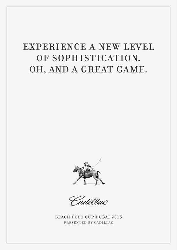 Poster advertising Cadillac Beach Polo Cup Dubai 2015, with a black and white illustration of a polo player riding a horse.