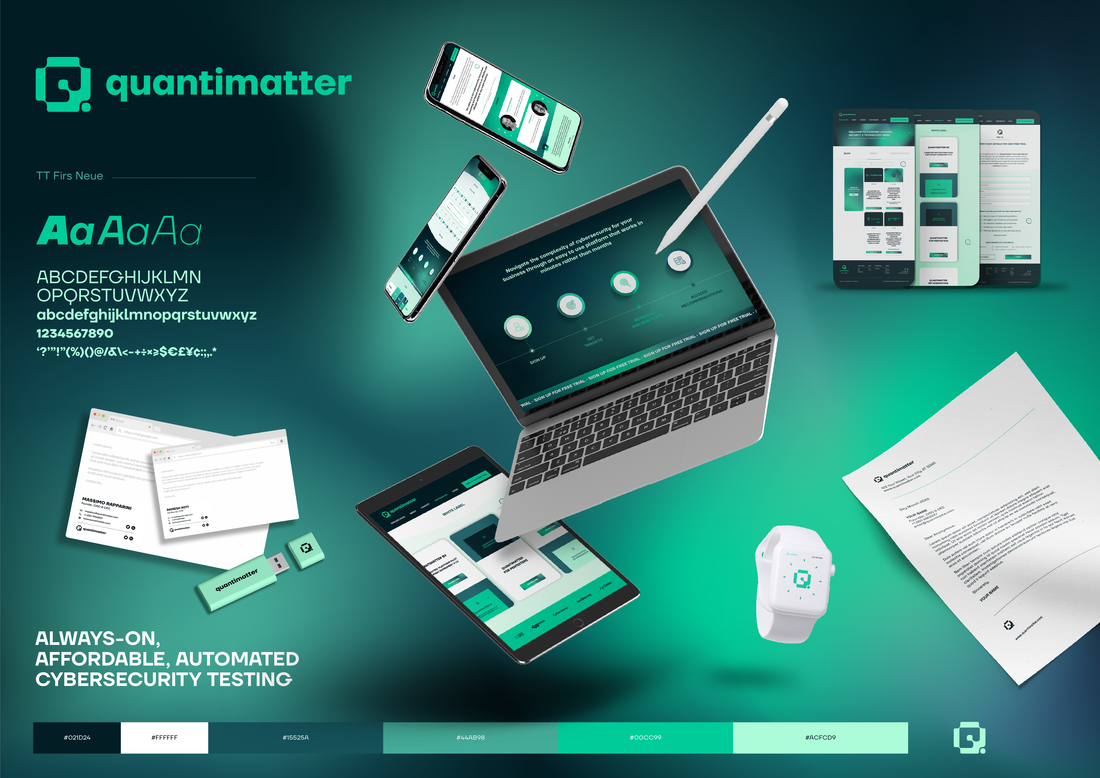 A digital workspace showcasing cybersecurity testing tools for QuantiMatter. It features a laptop with a stylus, various smartphones, tablets, reports, a USB flash drive, and a smartwatch, all displaying the company's automated cybersecurity testing 