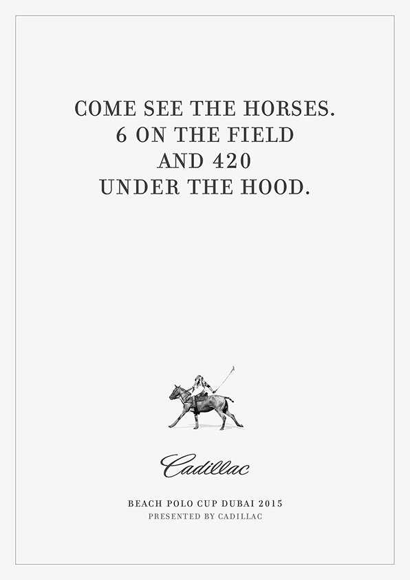 Invitation for a Cadillac-sponsored event at the Beach Polo Cup Dubai 2015, featuring a picture of a polo player on horseback.