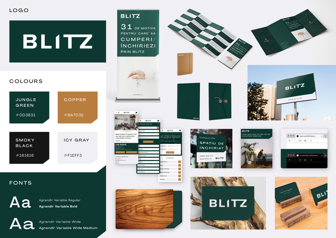 An branding and marketing display for a company called Blitz. The display includes various branded materials such as a logo, color palette with jungle green, copper, smoky black, icy gray, and white; business cards, flyers, brochures, a notebook, dig