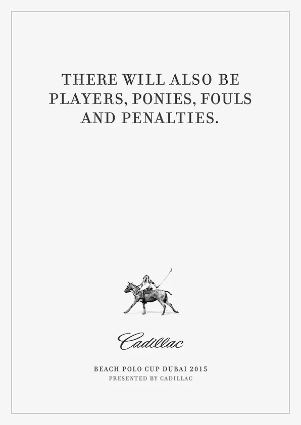 A promotional poster for the Cadillac Beach Polo Cup Dubai 2015, featuring a black and white image of a polo player on horseback, with text about rules and penalties.