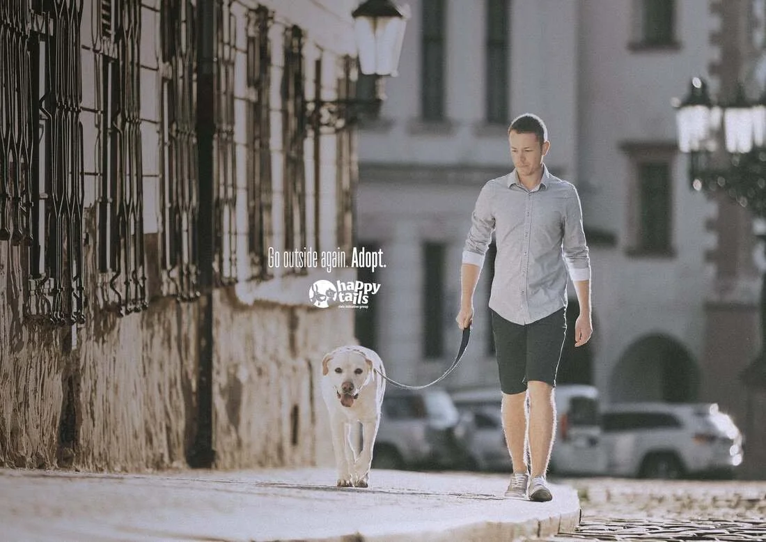 A man walking a Labrador retriever dog on a city street in the late afternoon or early evening.