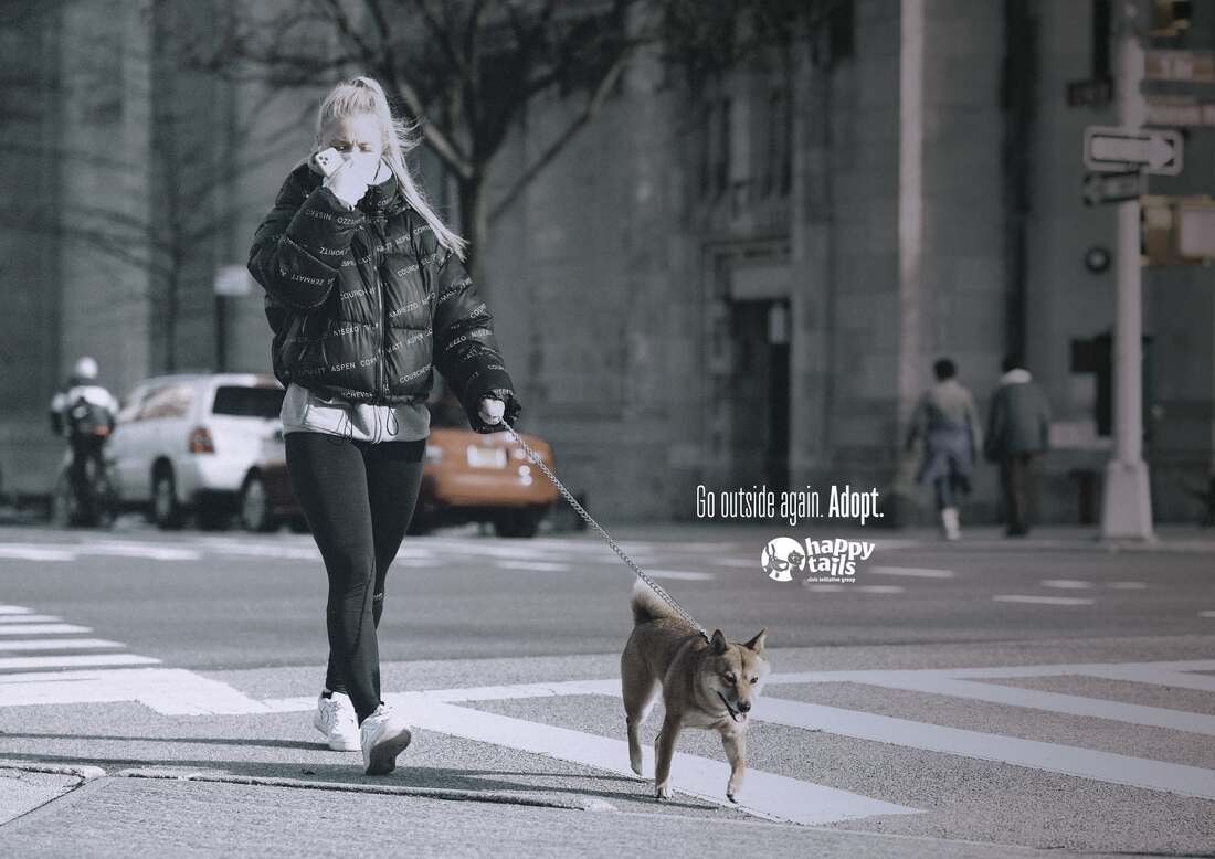A woman in a black jacket and white face mask walks a dog on a leash across a city crosswalk. The background shows cars and pedestrians on the street. Text on the image reads, "Go outside again. Adopt."