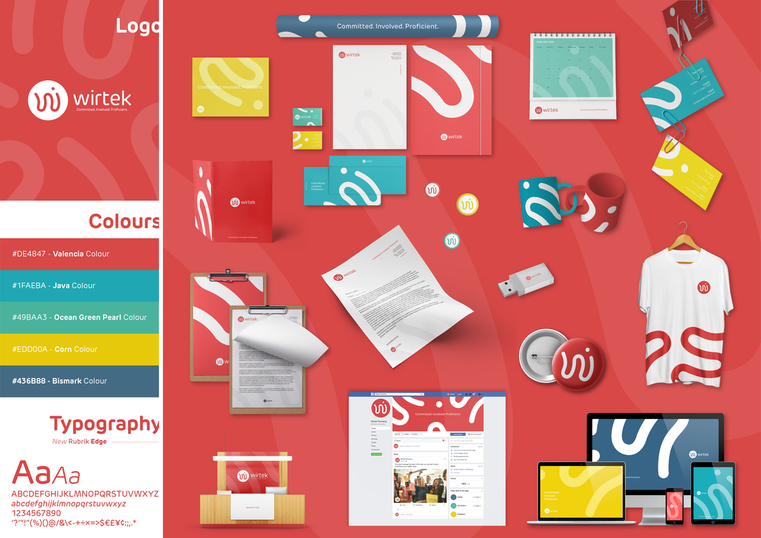 Collection of branded office supplies and merchandise for Wirtek, including notebooks, business cards, a T-shirt, mugs, a USB stick, a paper report, logo pins, and electronic devices, all featuring a red, white, blue, and yellow color scheme.