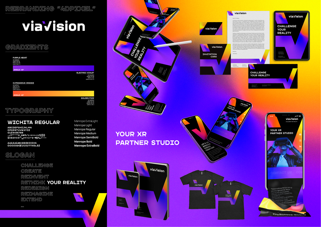 A colorful digital branding display featuring the logo 'viaVision', marketing materials for an XR partner studio, including posters, flyers, smartphones, tablets, clothing, and a presentation slide, with a gradient background transitioning from purpl