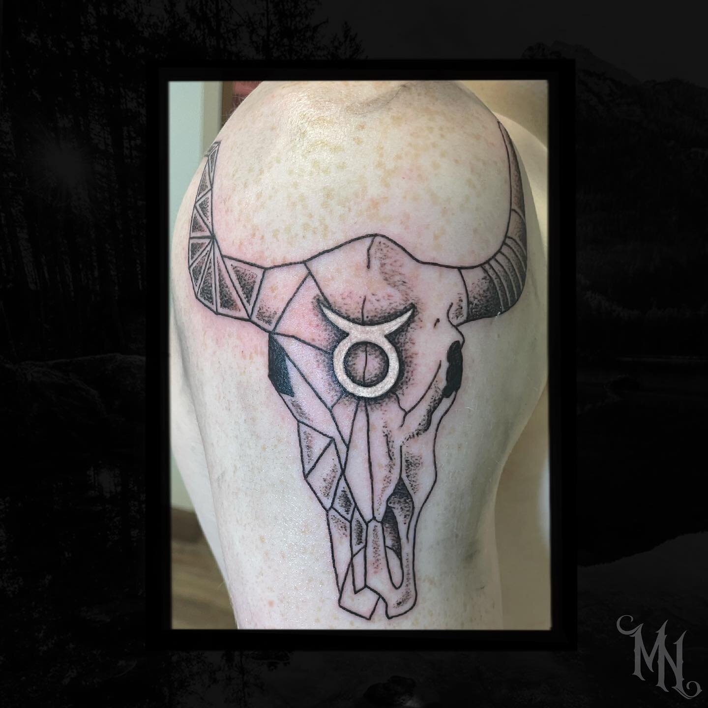 Taurus skull tattoo ♉️ Call 905-435-7551 for bookings and inquiries #taurustattoo #bullskulltattoo #taurus #geometrictattoo #stipletattoo #blackandgreytattoo #illistrativetattoo #tattoo #tattooinspiration #whitby #gta #toronto