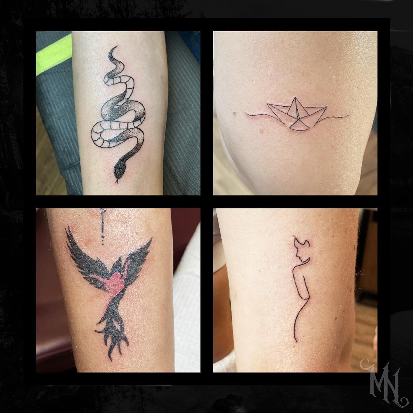 A snake, boat , Phoenix and lady tattoo 🐍 Call 905.435.7551 for bookings and inquiries #snake #snaketattoo #boat #paperboat  #paperboattattoo #phoenix #phoenixtattoo #line #linetattoo #ladytattooer #whitby #oshawa #toronto
