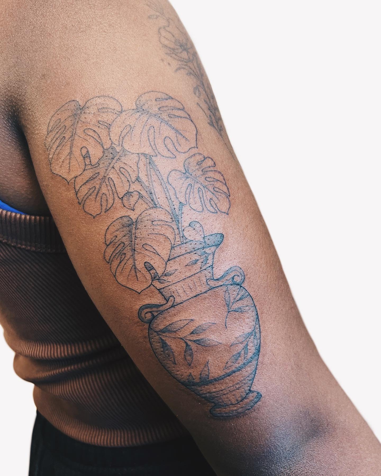 Vase with monstera leaves for the lovely @sorayaellis_ 💗
.
.
.
@timeless_tattoo_company 
#tattoo #tattooideas #tattoos #tattooart #tattooartist #girlswithtattoos #ink #inked #dotwork #dotworktattoo #stippling #blackandgreytattoo #stippletattoo #art 