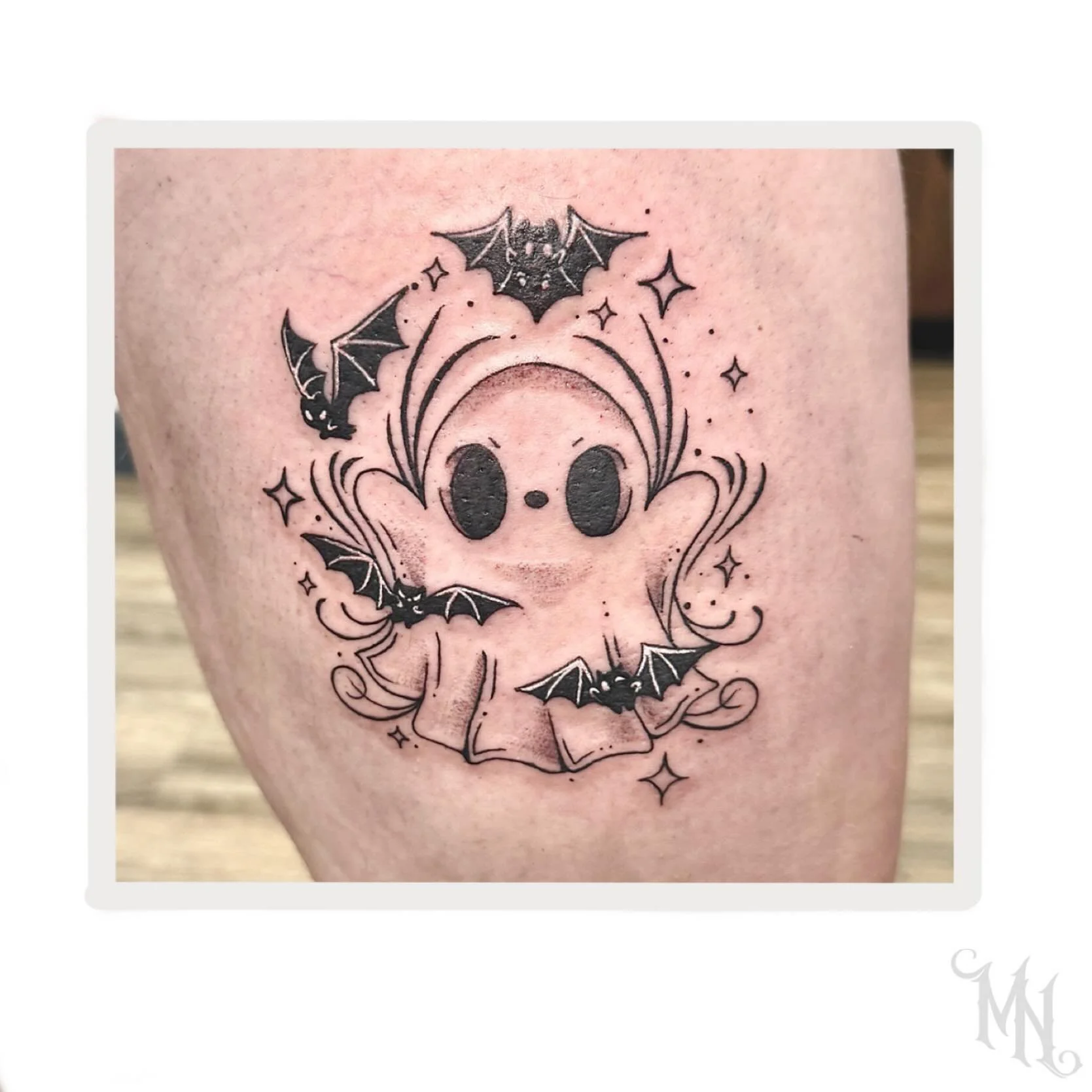 👻 Ghost Tattoo👻 Call or Text 905.435.7551 for bookings and Inquiries👻 #ghosttattoo #bat #battattoo #spooky #spookytattoo #spookyseason #halloween #halloweentattoo #tattoo #sparkle #star #tattoos #tattooideas #whitby #whitbytattoo #allfemale #allfe