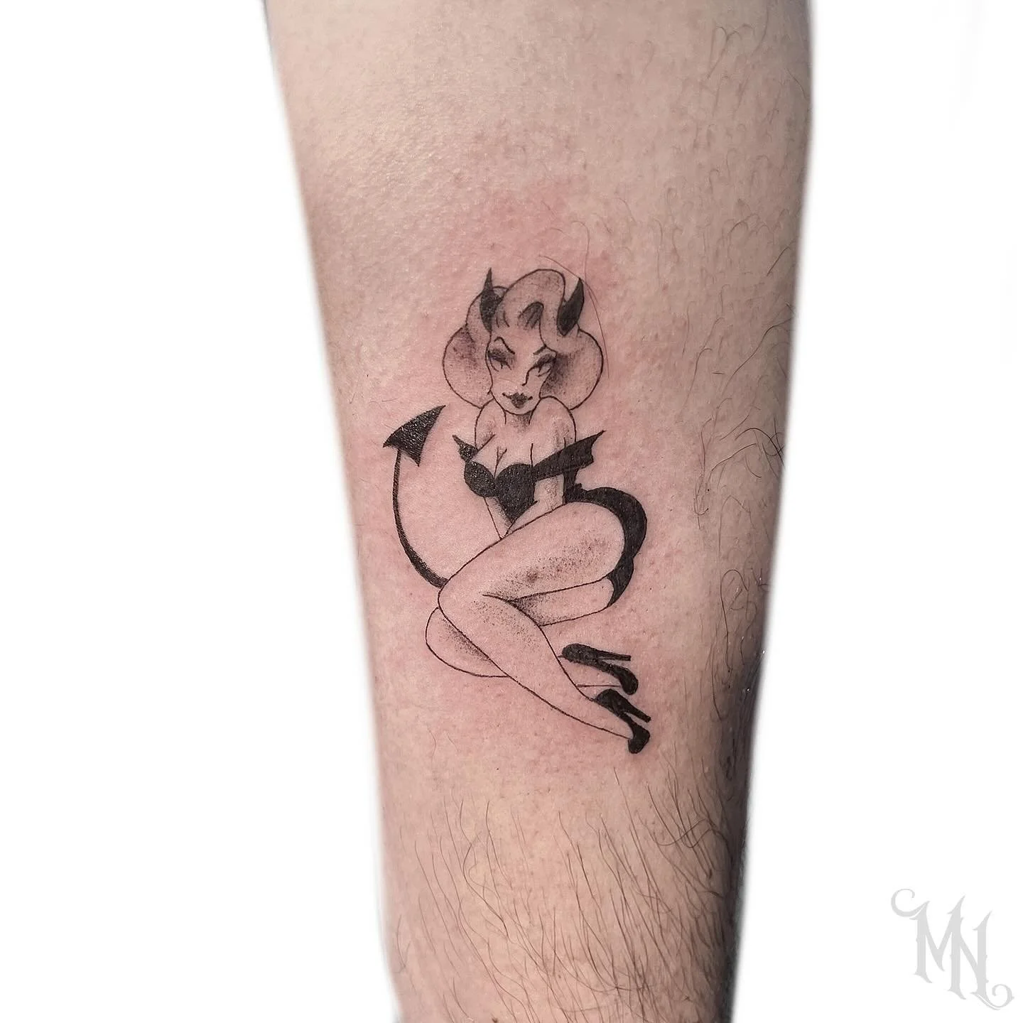 Pinup Tattoo From My Flash 😈 Thanks for grabbing this beauty 😈 Call or Text 905-435-7551 for bookings and inquiries 😈 #flash #flashtattoo #pinup #pinupgirl #pinuptattoo #devilgirl #demongirl #devilgirltattoo #demongirltattoo #tattoo #whitby #whitb