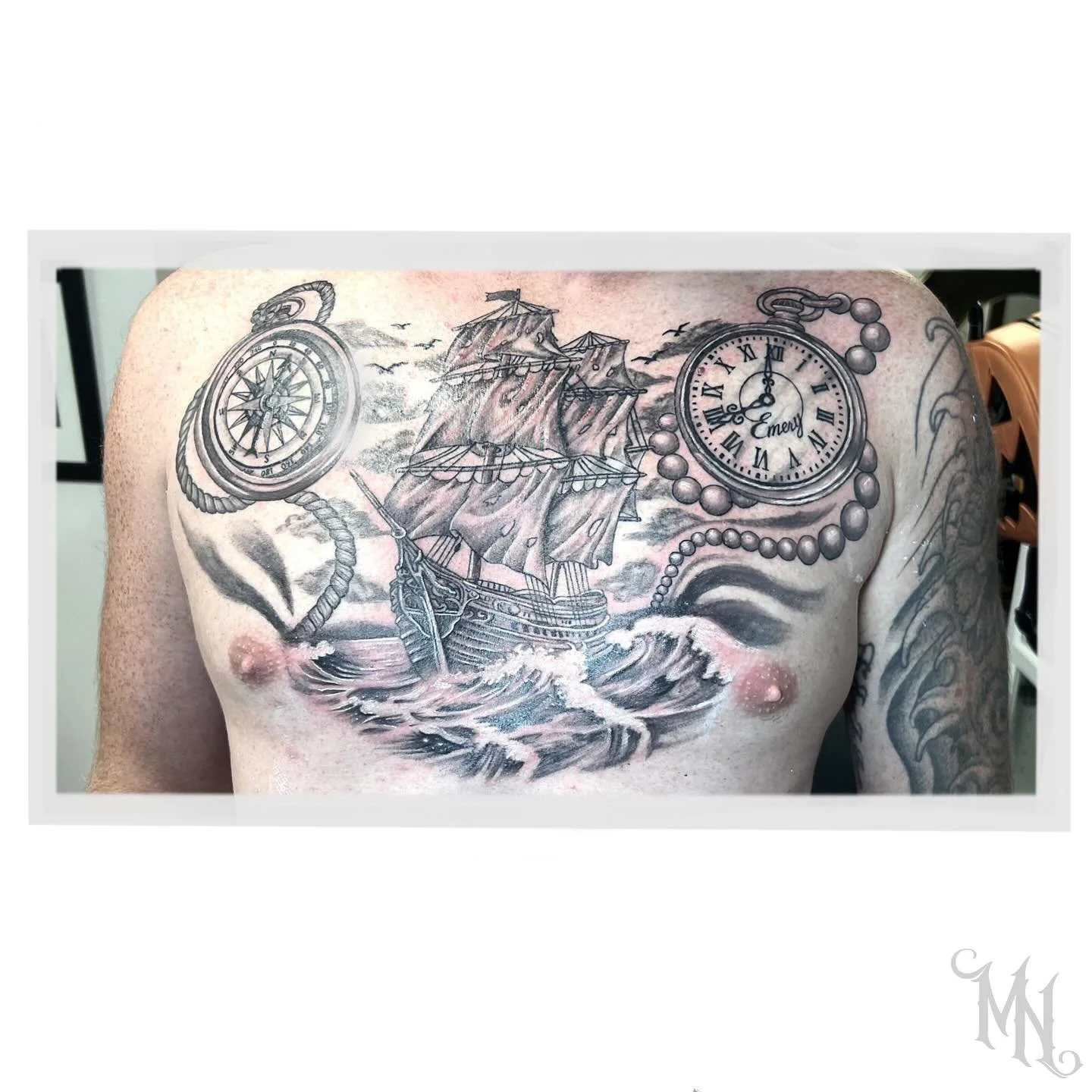 Ship Chest Tattoo ⚓️Call or Text 905.435.7551 for bookings and inquiries #ship #shiptattoo #sea #seatattoo #chesttattoo #clock #clocktattoo #tattoo #oshawa #whitby