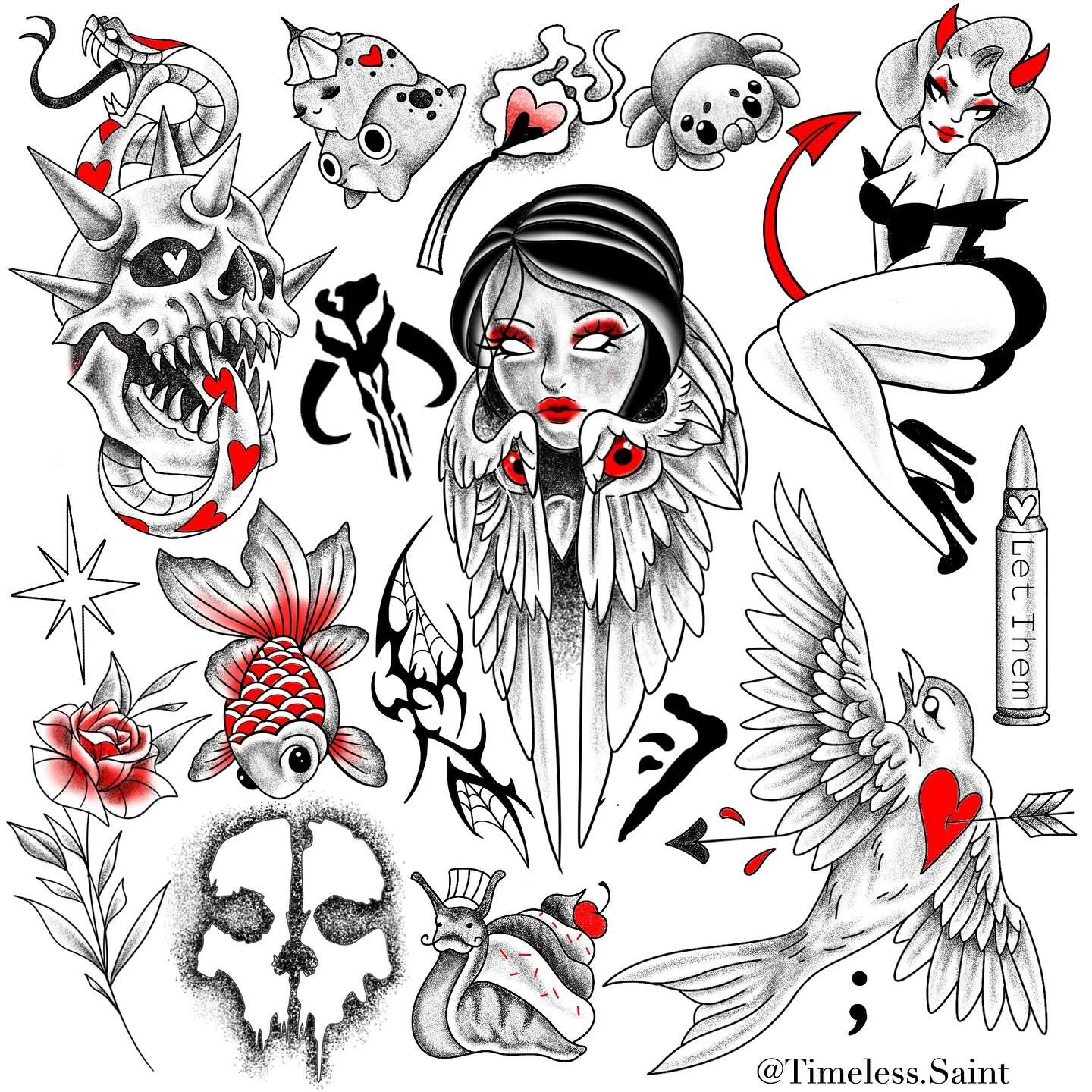 ✨ Flash sheet✨ For Bookings and Inquiries Call or Text 905.435.7551✨ #starwars #starwarstattoo #mandalorian #mandoloriantattoo #disney #disneytattooart #skull #skulltatoo  #tattoo #tattoodesigns #tattooideas #bird #birdtattoo #letthem #spider #cutesp