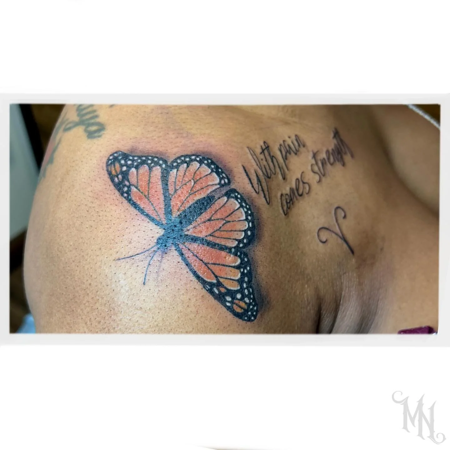 Colour Butterfly &amp; Script Tattoo🦋 Call or Text 905.435.7551 for Bookings and Inquiries🦋 DMs closed🦋#butterfly #butterflies #butterflytattoo #monarchbutterfly #monarchbutterflytattoo #tattoo #allfemaletattooshop #whitby #oshawa #gta #toronto #c