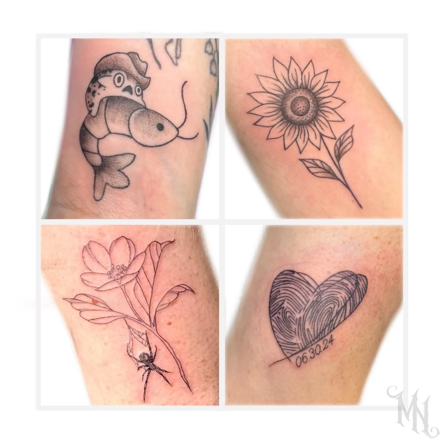 ✨2 Tattoos from Our last Flash day + 2 Custom Tattoos✨ Call or Text 905-435-7551 for Bookings and Inquiries✨ #sunflowertattoo #frogtattoo #fingerprinttattoo #finelinetattoo #whitbytattoo