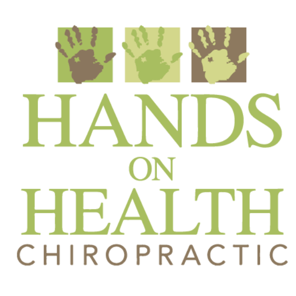 Logo for Hands on Health Chiropractic featuring three stylized handprints in different shades of green and the text 'Hands on Health Chiropractic' in green and brown.