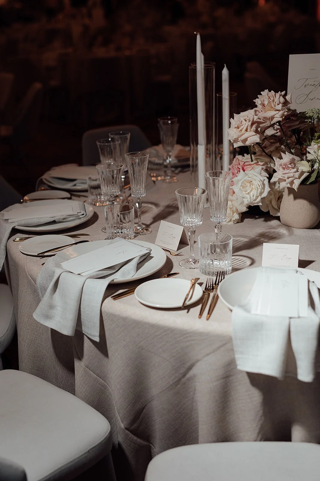 Blush floral wedding table setup