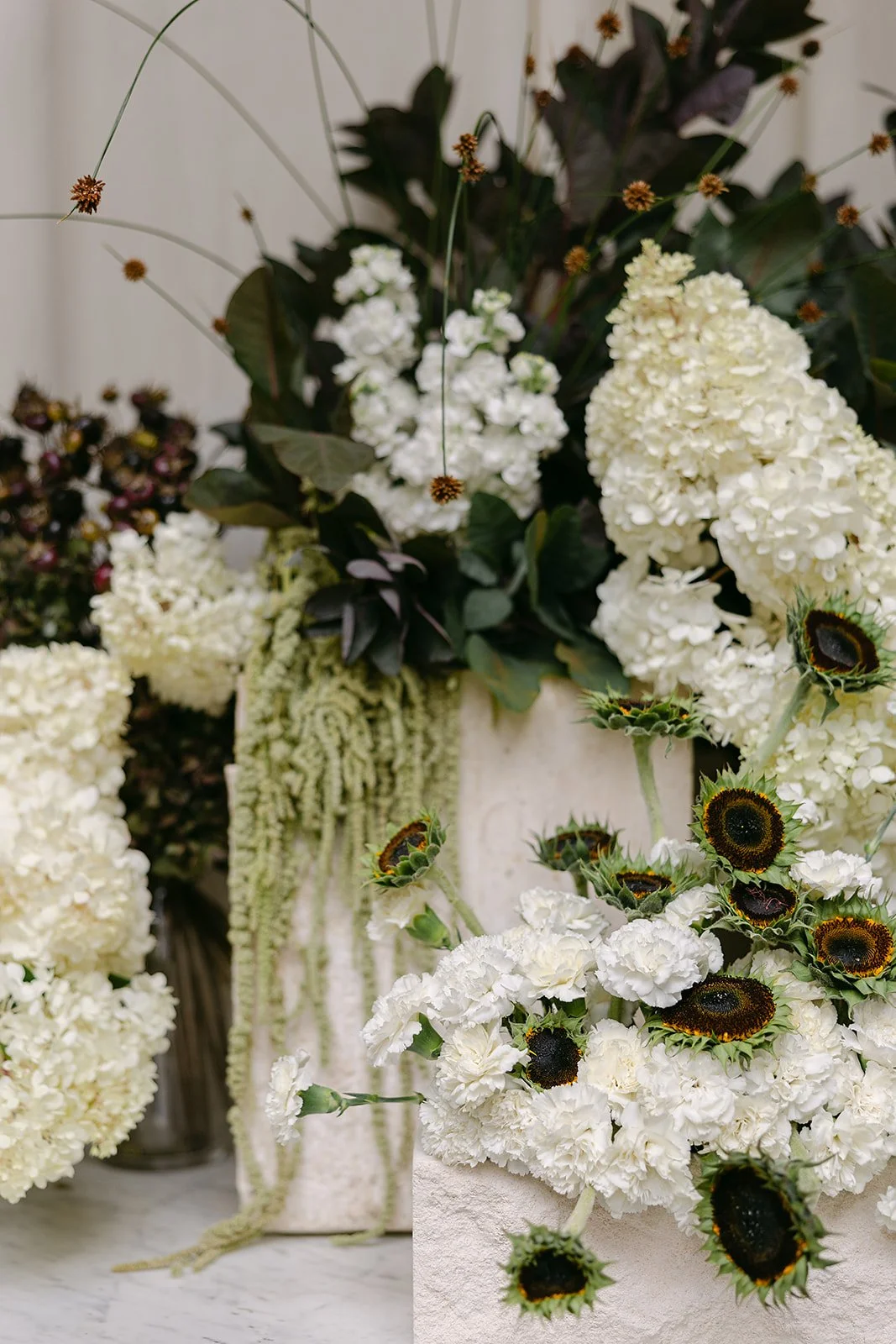 Modern floral arrangement with white hydrangeas