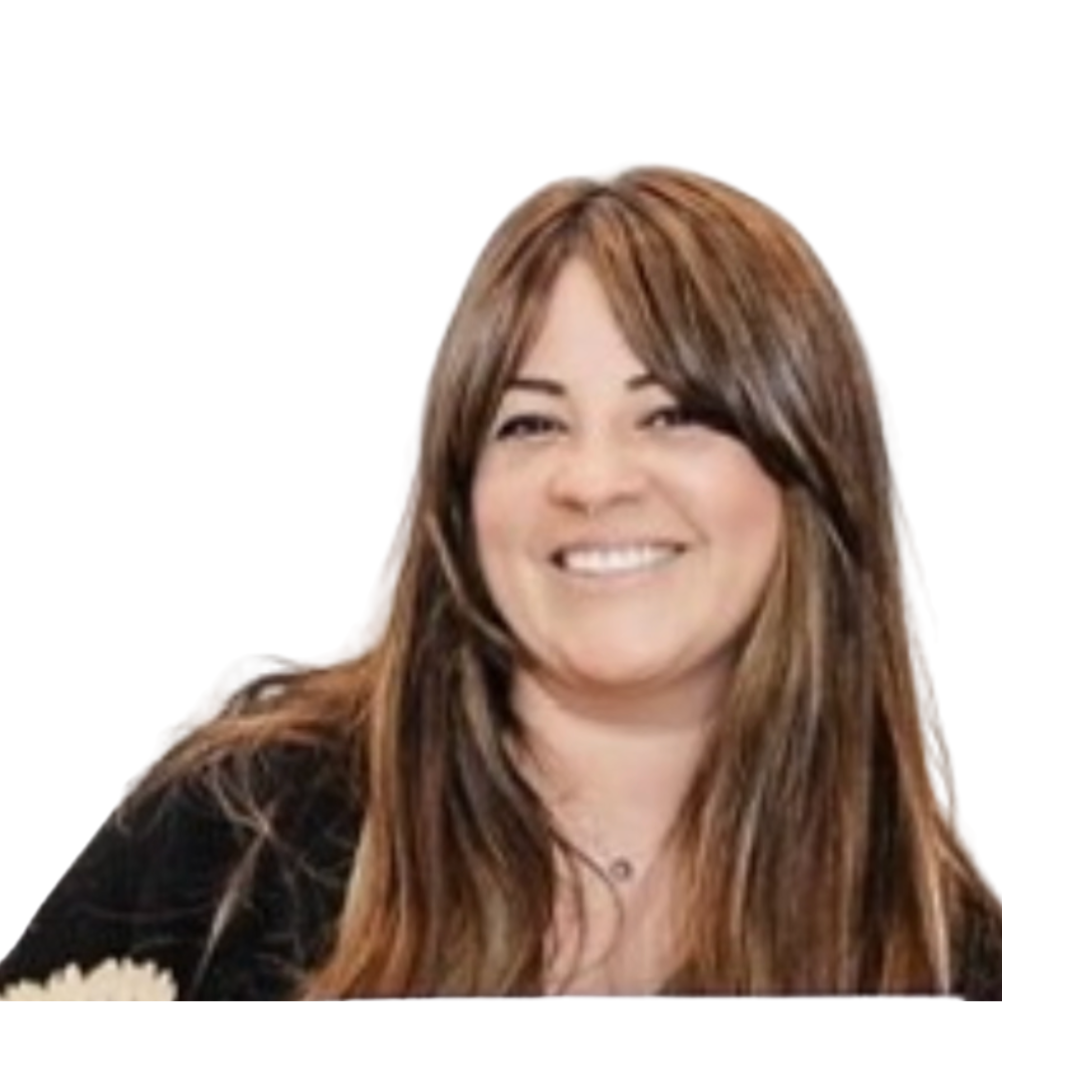 Smiling woman with long brown hair against a white background.