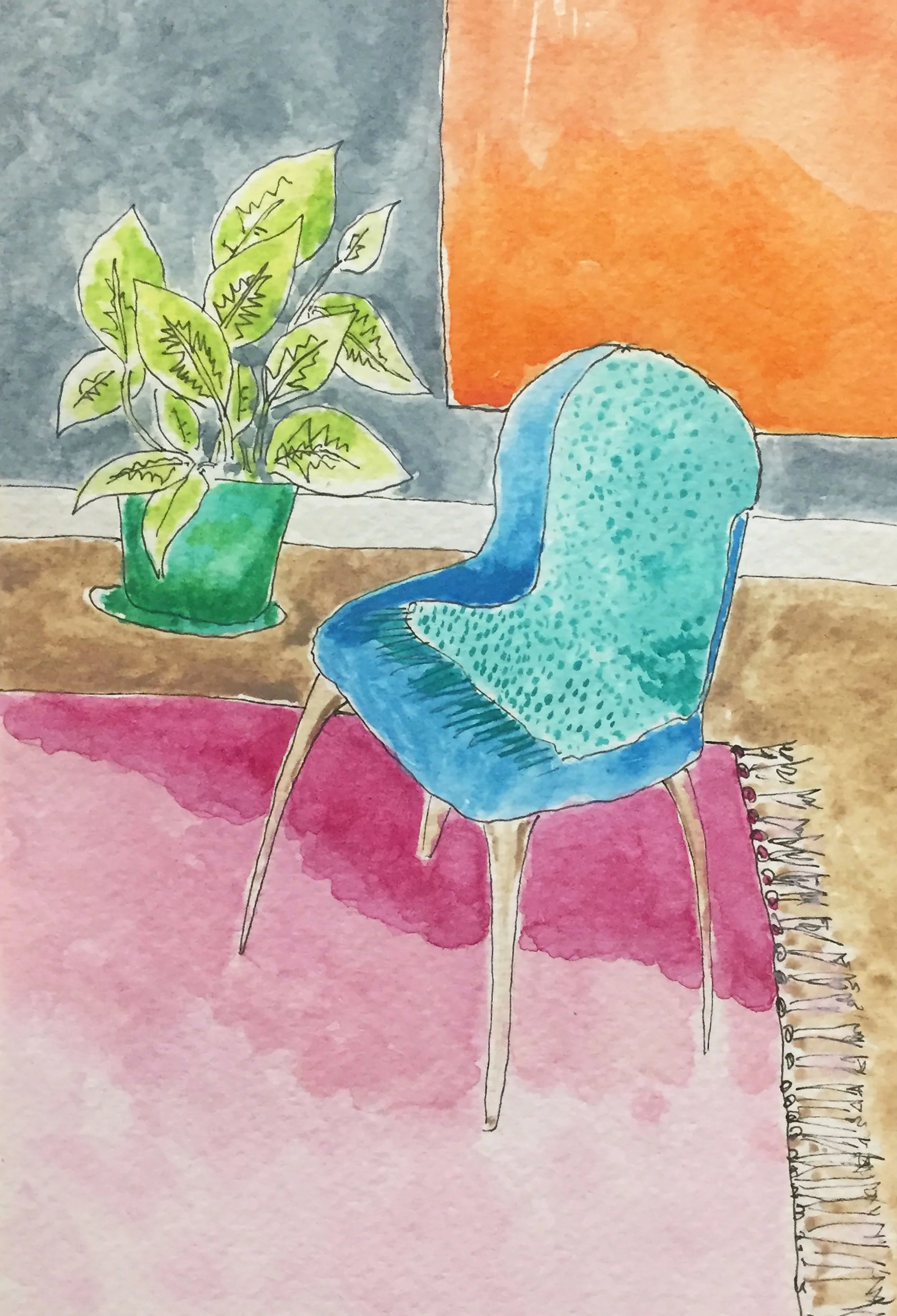 "Chair and Plant" (watercolor on paper, 2019)