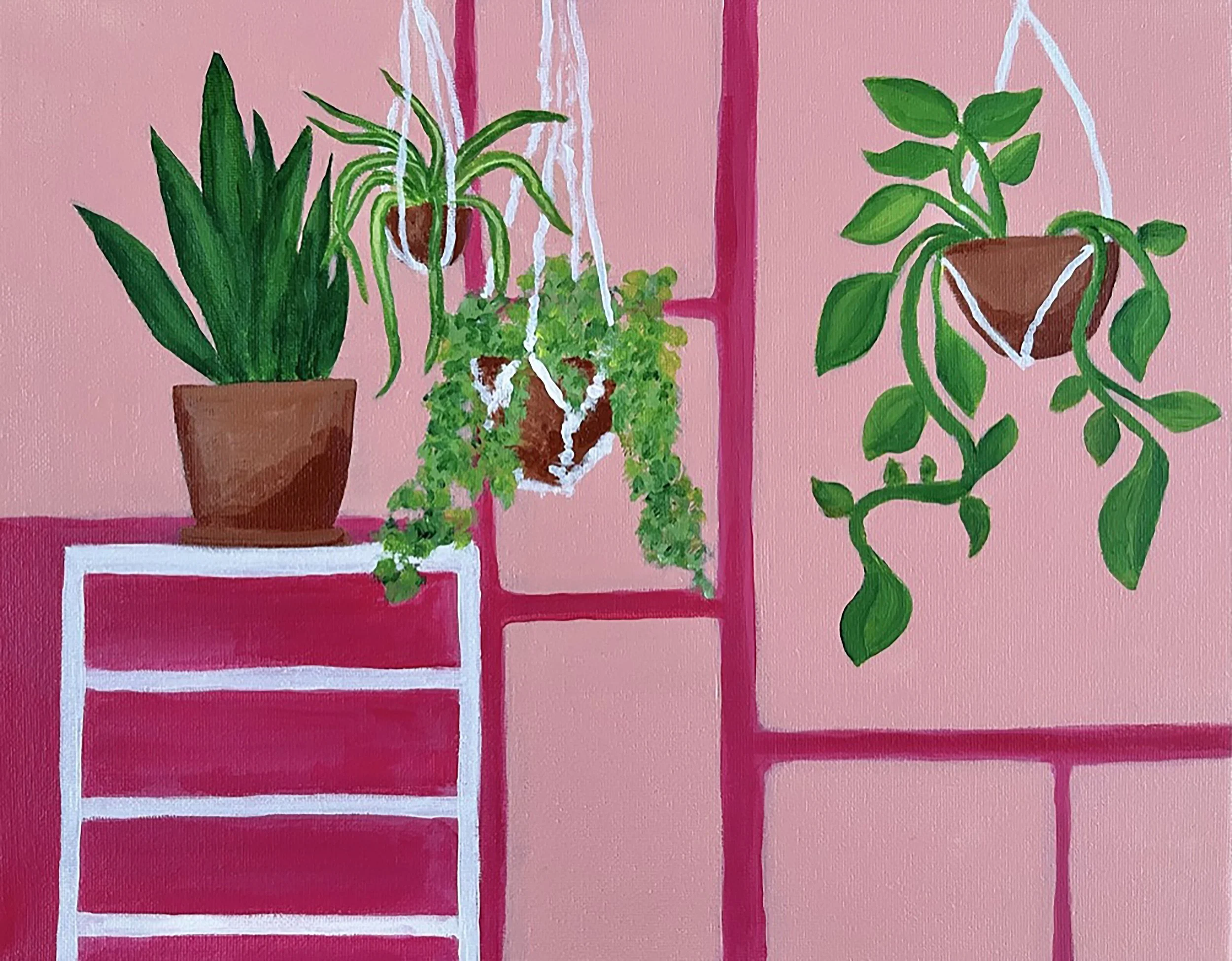 "Plants on Pink Gallery Wall" (11x14 acrylic on canvas, 2022)
