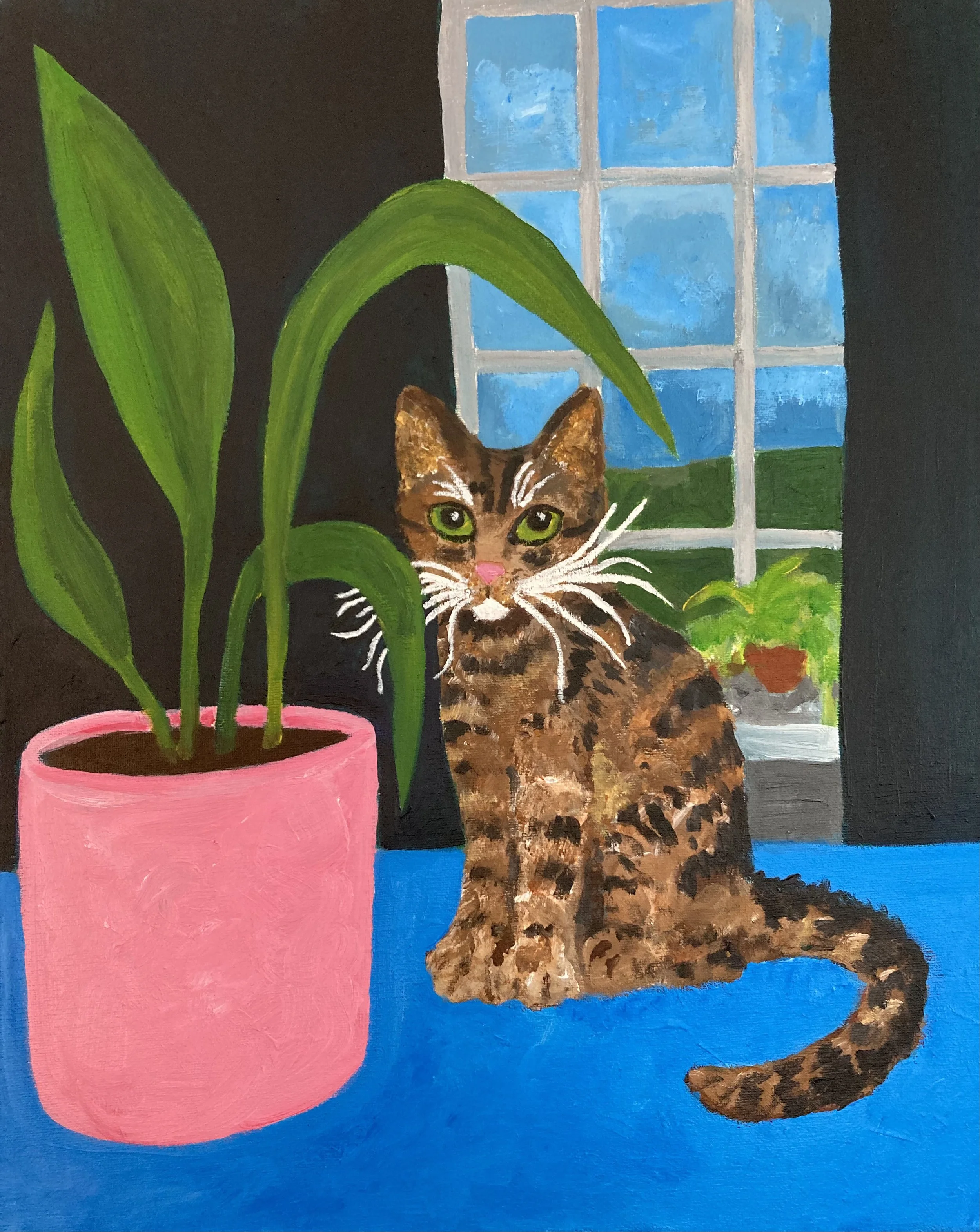 "Cat and Plant" (acrylic on canvas, 2021)
