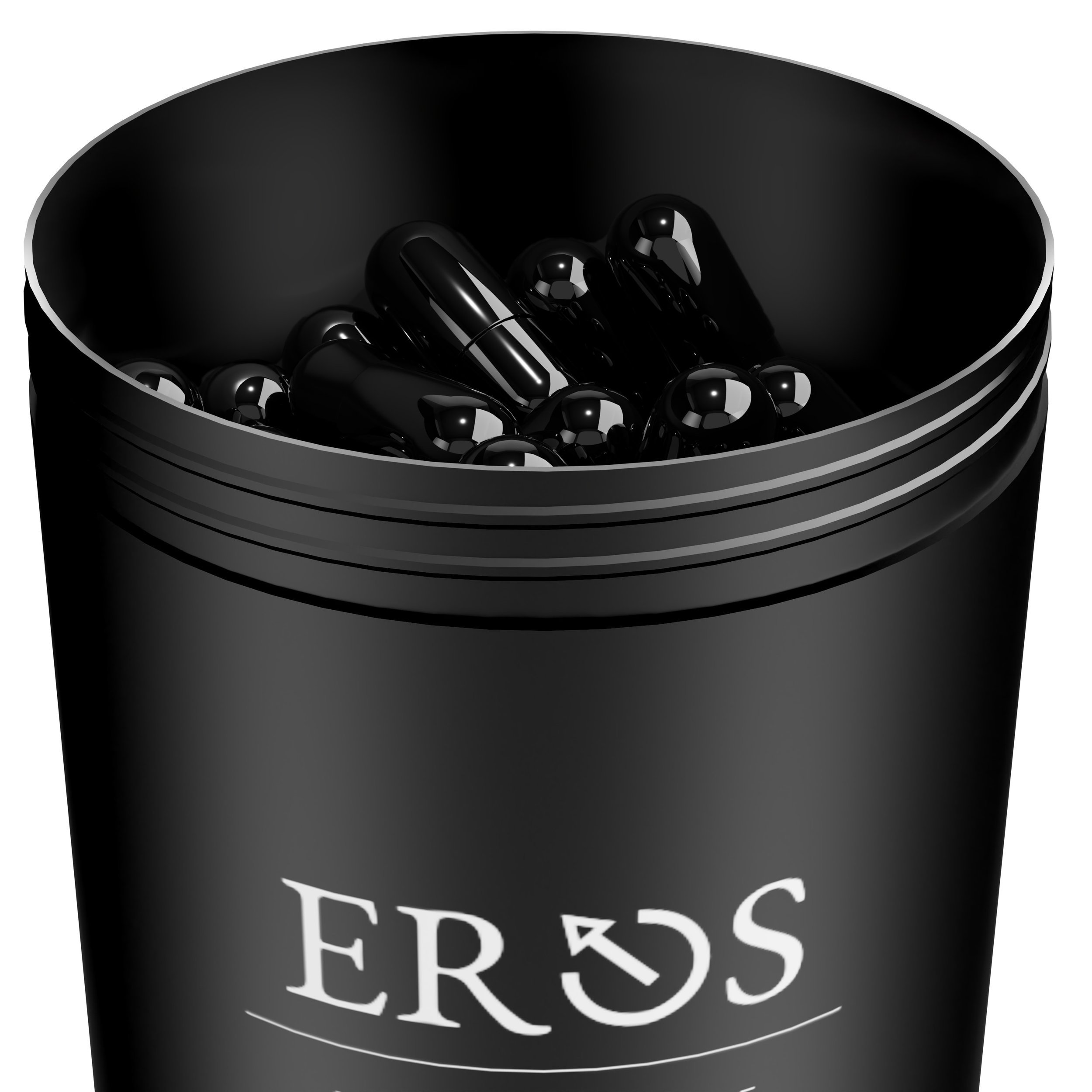Open black container filled with black capsules to the top. Metal container has EROS logo embossed on the front 'EROS - SUPPLEMENTING THE MAN'