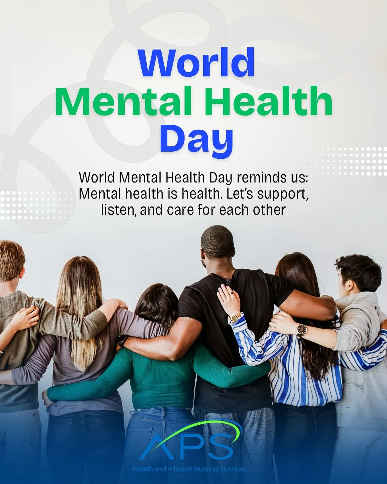 🌿 World Mental Health Day 🌿
Today, APS Health & Infusion stands together in support of mental health awareness. 💚
Your mental well-being is just as important as your physical health. Whether you’re a patient, a nurse, or a loved one ca