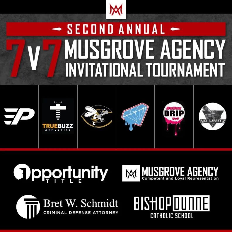 We are back at it this Saturday! Come check out the Musgrove Agency Tournament! 

The competition will be fierce!
The environment will be safe and fun!

-March 5, 2022
-Bishop Dunne Catholic School 
-3900 Rugged Dr., Dallas, TX
-8am to 3:00pm

#7on7 