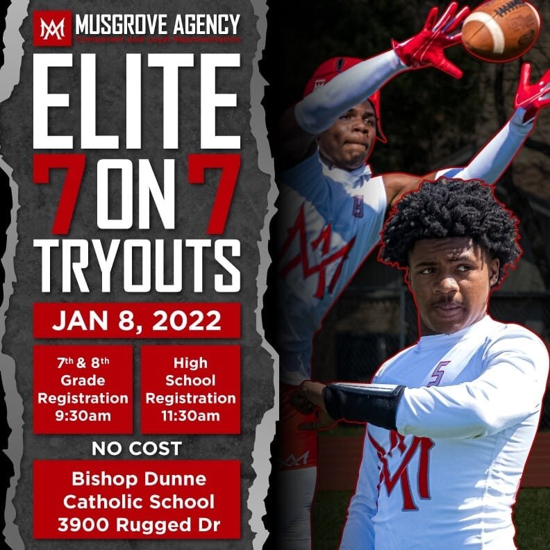 January 8 @musgroveagency 7on7 Tryouts. 

Come be a part of something much bigger than football and be coached by Dallas' own NFL Agent @dallastexaslawyer and coaches with  NFL experience. Going into our fourth season, Musgrove Agency will continue i