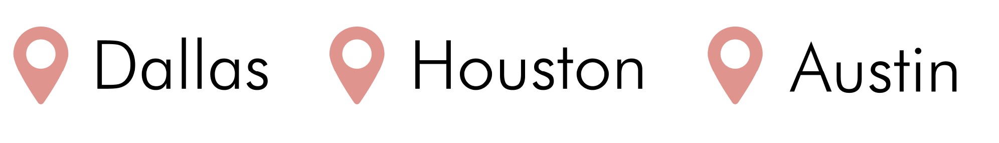 Map with location pins labeled Dallas, Houston, and Austin.