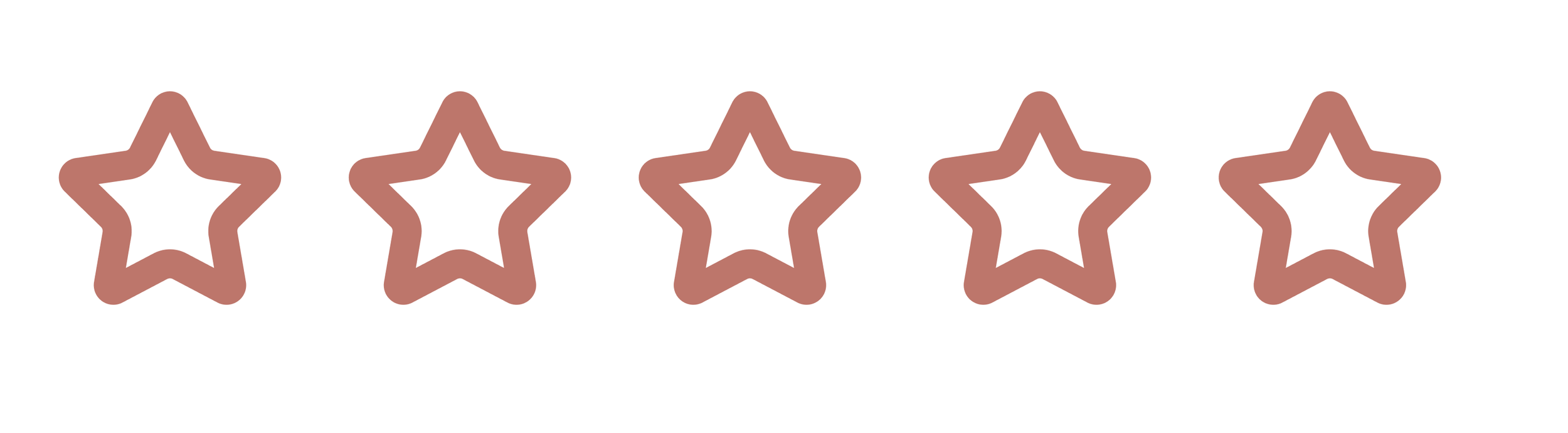Six brown outlined star shapes in a row on a white background.